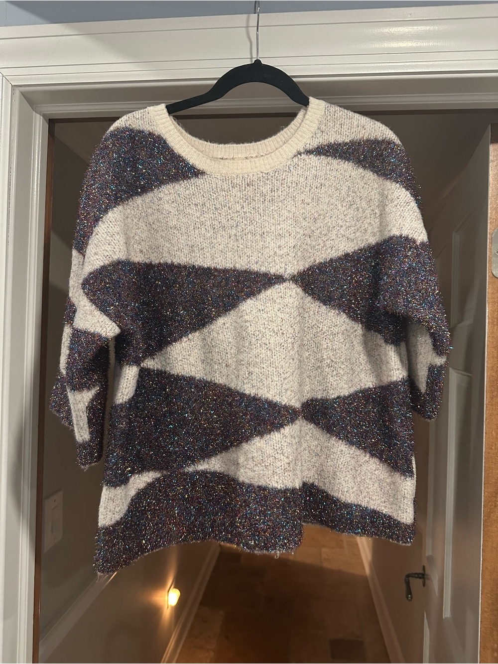 Moth Cream Crewneck Sweater with Multicolor Sparkle Chevron